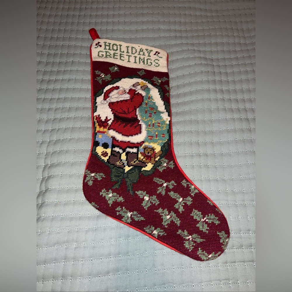 Vintage Handmade Needlepoint Holiday Christmas Tree Santa Christmas Stocking